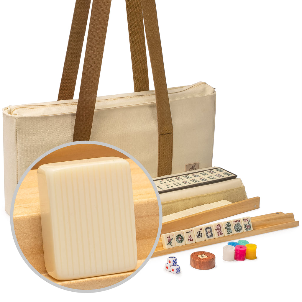 American Mahjong Set, "Ivory Stripes” - 166 Tiles with Beige Soft Case, Wooden Racks with Pushers, Scoring Coins, Dice, & Wind Indicator-Yellow Mountain Imports-Yellow Mountain Imports