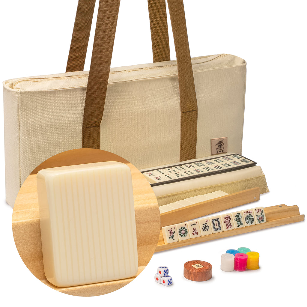 American Mahjong Set, "Ivory Stripes” - 166 Tiles with Beige Soft Case, Wooden Racks with Pushers, Scoring Coins, Dice, & Wind Indicator-Yellow Mountain Imports-Yellow Mountain Imports