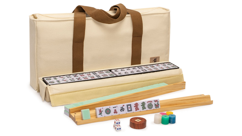 American Mahjong Set, “Jade Horizon” – 166 Tiles with Wooden Racks & Pushers, Wright Patterson Scoring Coins, Dice, Wind Indicator, and Soft Beige Case-Yellow Mountain Imports-Yellow Mountain Imports