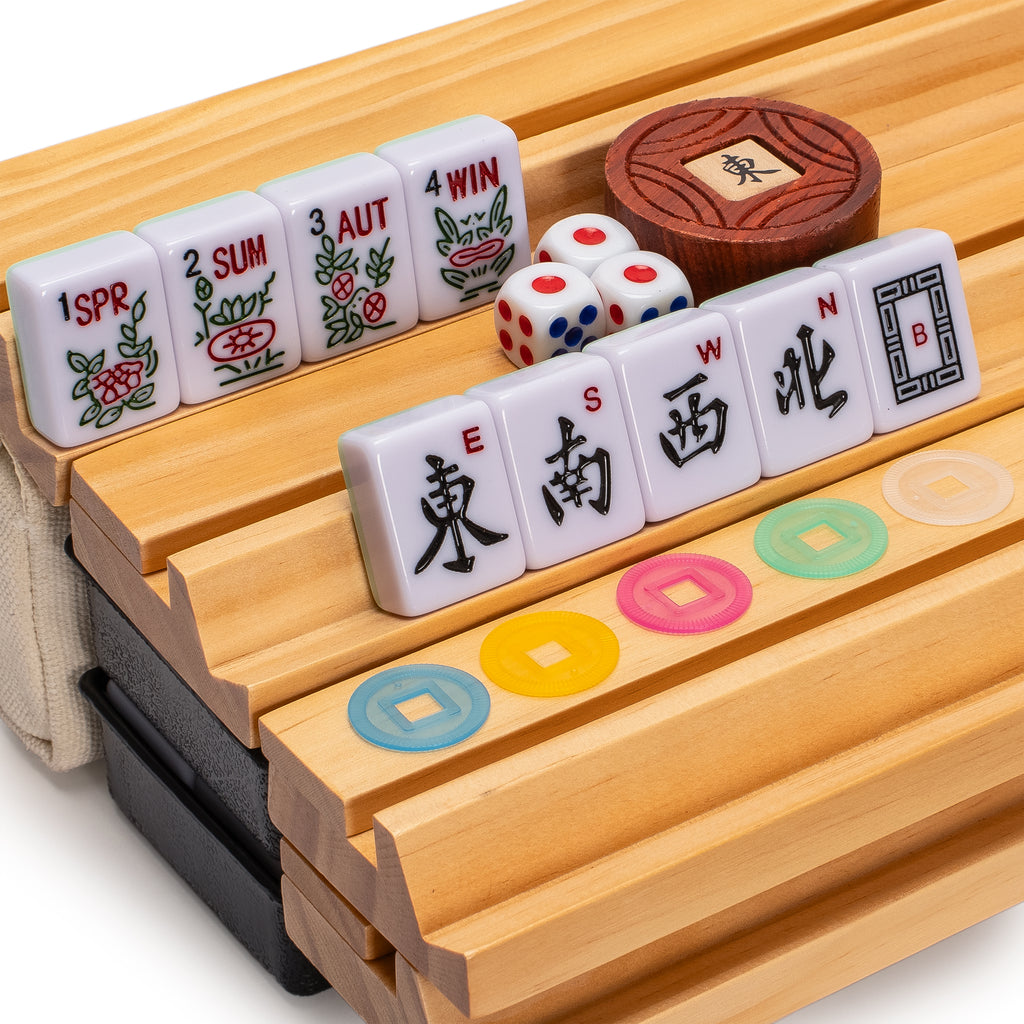 American Mahjong Set, “Jade Horizon” – 166 Tiles with Wooden Racks & Pushers, Wright Patterson Scoring Coins, Dice, Wind Indicator, and Soft Beige Case-Yellow Mountain Imports-Yellow Mountain Imports