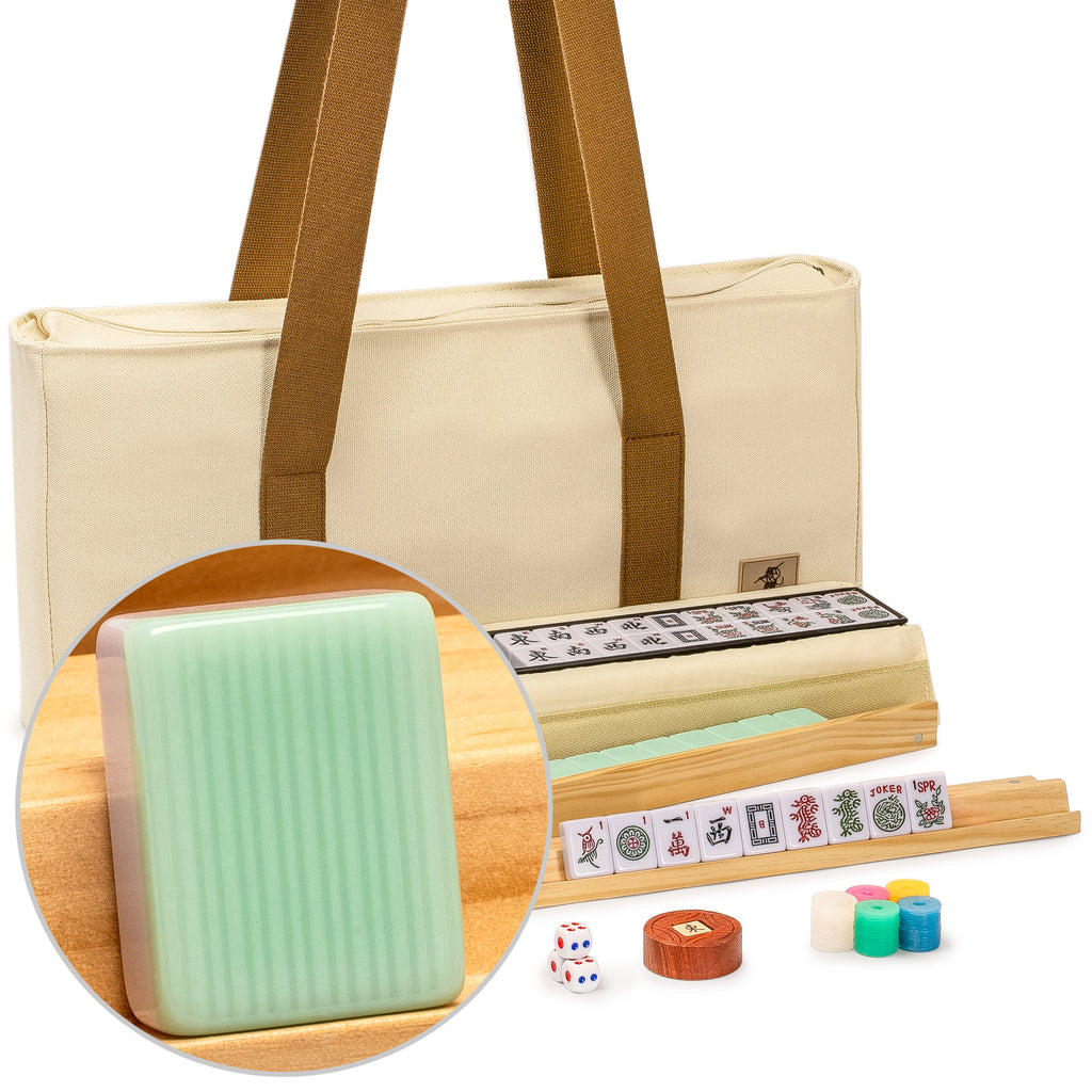 American Mahjong Set, “Jade Horizon” – 166 Tiles with Wooden Racks & Pushers, Wright Patterson Scoring Coins, Dice, Wind Indicator, and Soft Beige Case-Yellow Mountain Imports-Yellow Mountain Imports
