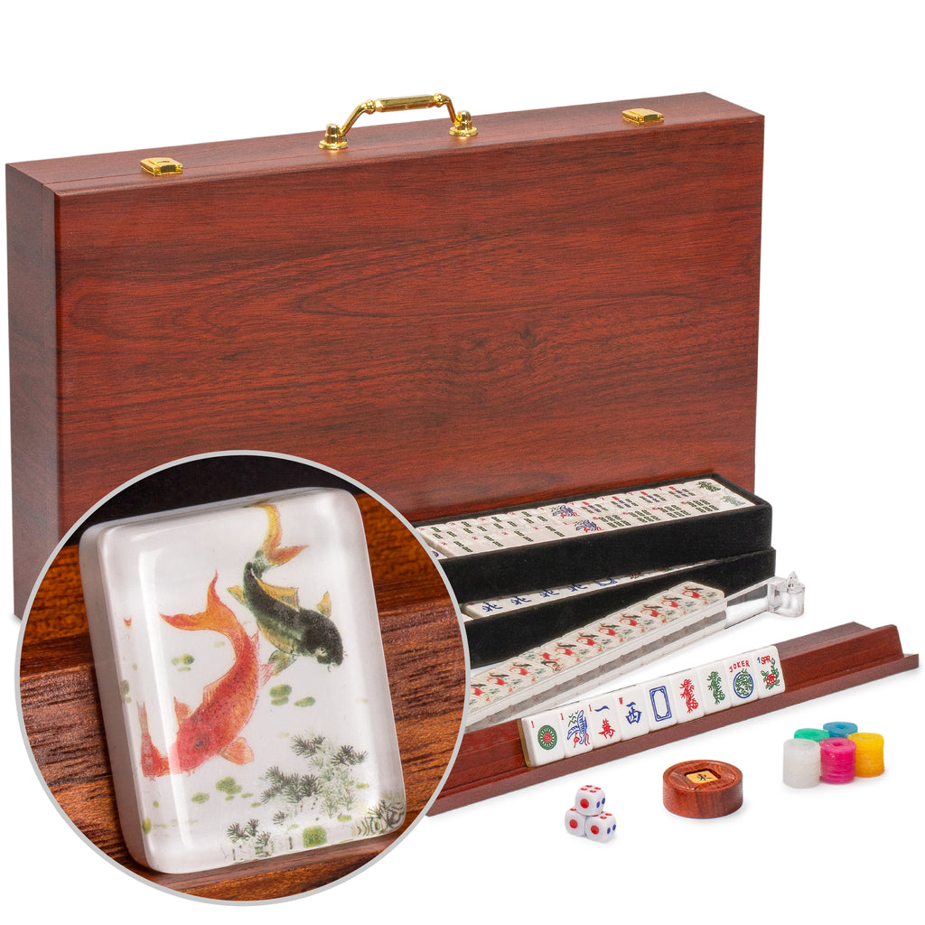 American Mahjong Set, "Koi Fish" with Wooden Case - 4 Wooden Racks, Acrylic Pushers, Scoring Coins, Dice, & Wind Indicator-Yellow Mountain Imports-Yellow Mountain Imports