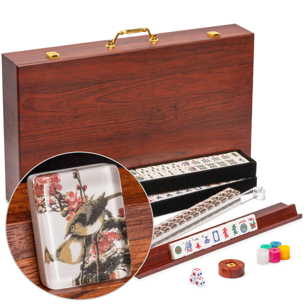 American Mahjong Set, "Little Birdie" with Wooden Case - Wooden Racks with Acrylic Pushers, Scoring Coins, Dice, and Wind Indicator-Yellow Mountain Imports-Yellow Mountain Imports