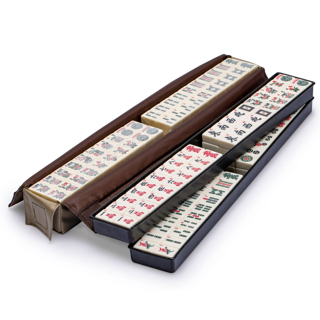 American Mahjong Set, "Mojave" (Ivory) with Brown Soft Case - Racks with Pushers, Scoring Coins, Dice, & Wind Indicator-Yellow Mountain Imports-Yellow Mountain Imports