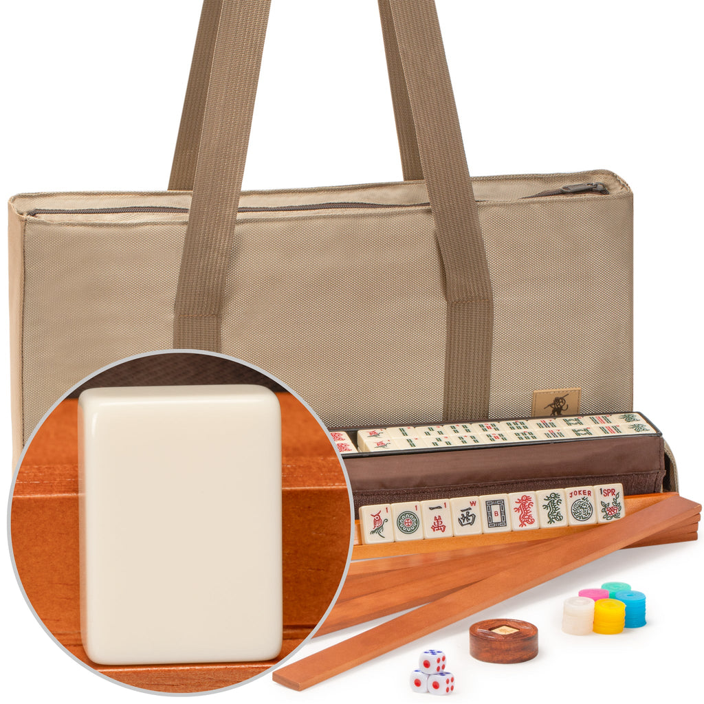 American Mahjong Set, "Mojave" (Ivory) with Brown Soft Case - Racks with Pushers, Scoring Coins, Dice, & Wind Indicator-Yellow Mountain Imports-Yellow Mountain Imports