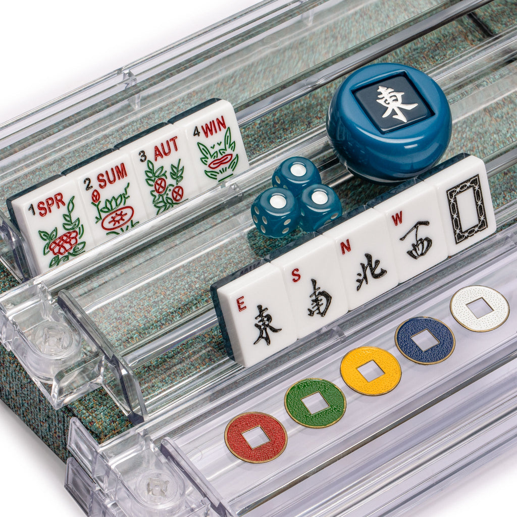 American Mahjong Set, "Oceana" with Heather Teal Soft Case - Racks with Pushers, Scoring Coins, Dice, and Wind Indicator-Yellow Mountain Imports-Yellow Mountain Imports