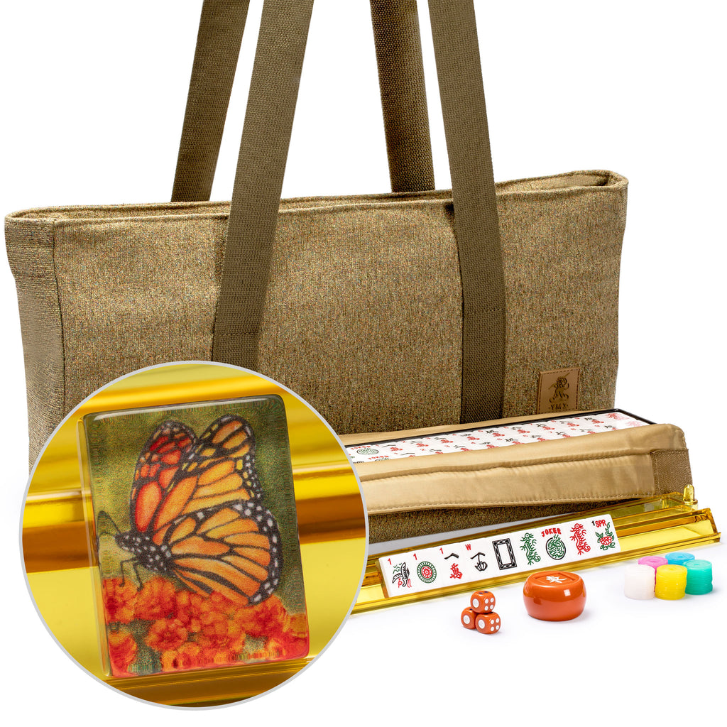 American Mahjong Set, "Papillon" - with Olive Green Soft Case - Racks with Pushers, Scoring Coins, Dice, & Wind Indicator-Yellow Mountain Imports-Yellow Mountain Imports