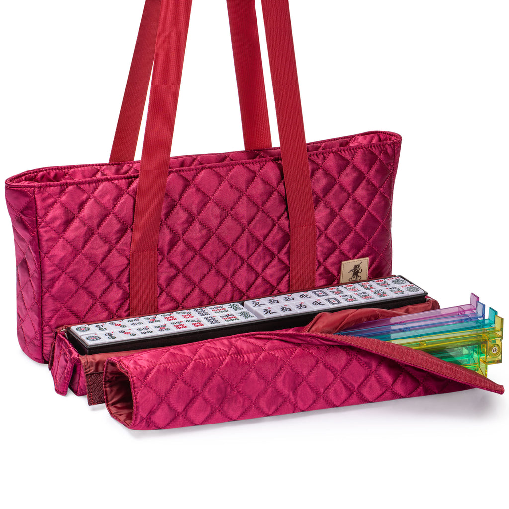 American Mahjong Set, "Pattaya" with Brandy Red Soft Case - Racks with Pushers, Scoring Coins, Dice, and Wind Indicator-Yellow Mountain Imports-Yellow Mountain Imports
