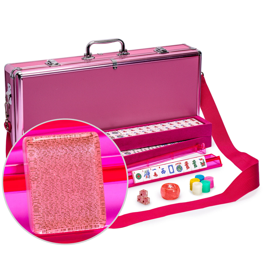 American Mahjong Set - Pink Sparkles - with Aluminum Case, All-in-One Racks with Pushers, Dice, Wind Indicator & Wright Patterson Scoring Coins-Yellow Mountain Imports-Yellow Mountain Imports