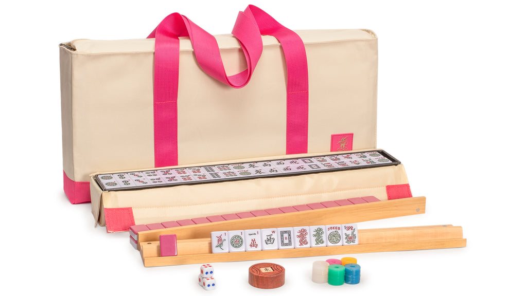 American Mahjong Set, “Rosehill” – 166 Rose-Pink Ridged-Backed Tiles, Racks with Pushers, Pink and Cream Soft Case-Yellow Mountain Imports-Yellow Mountain Imports