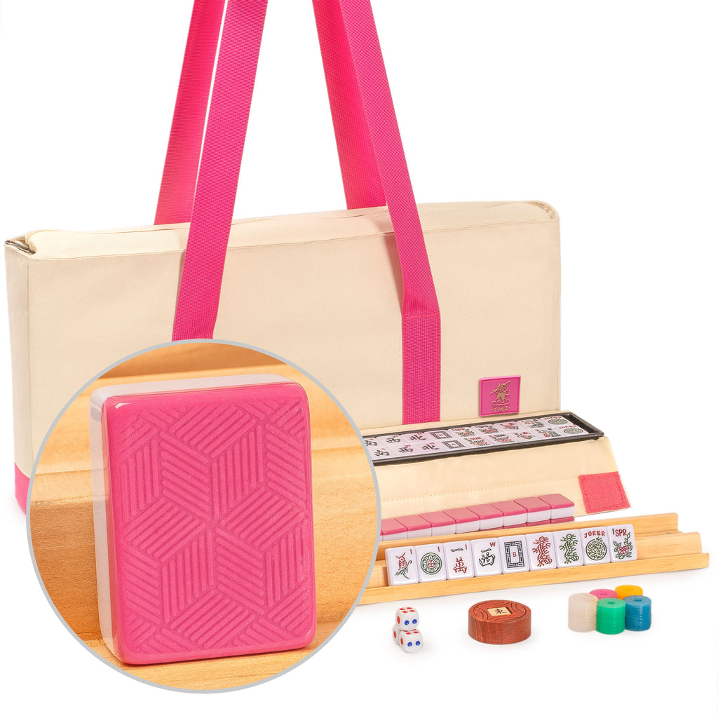 American Mahjong Set, “Rosehill” – 166 Rose-Pink Ridged-Backed Tiles, Racks with Pushers, Pink and Cream Soft Case-Yellow Mountain Imports-Yellow Mountain Imports