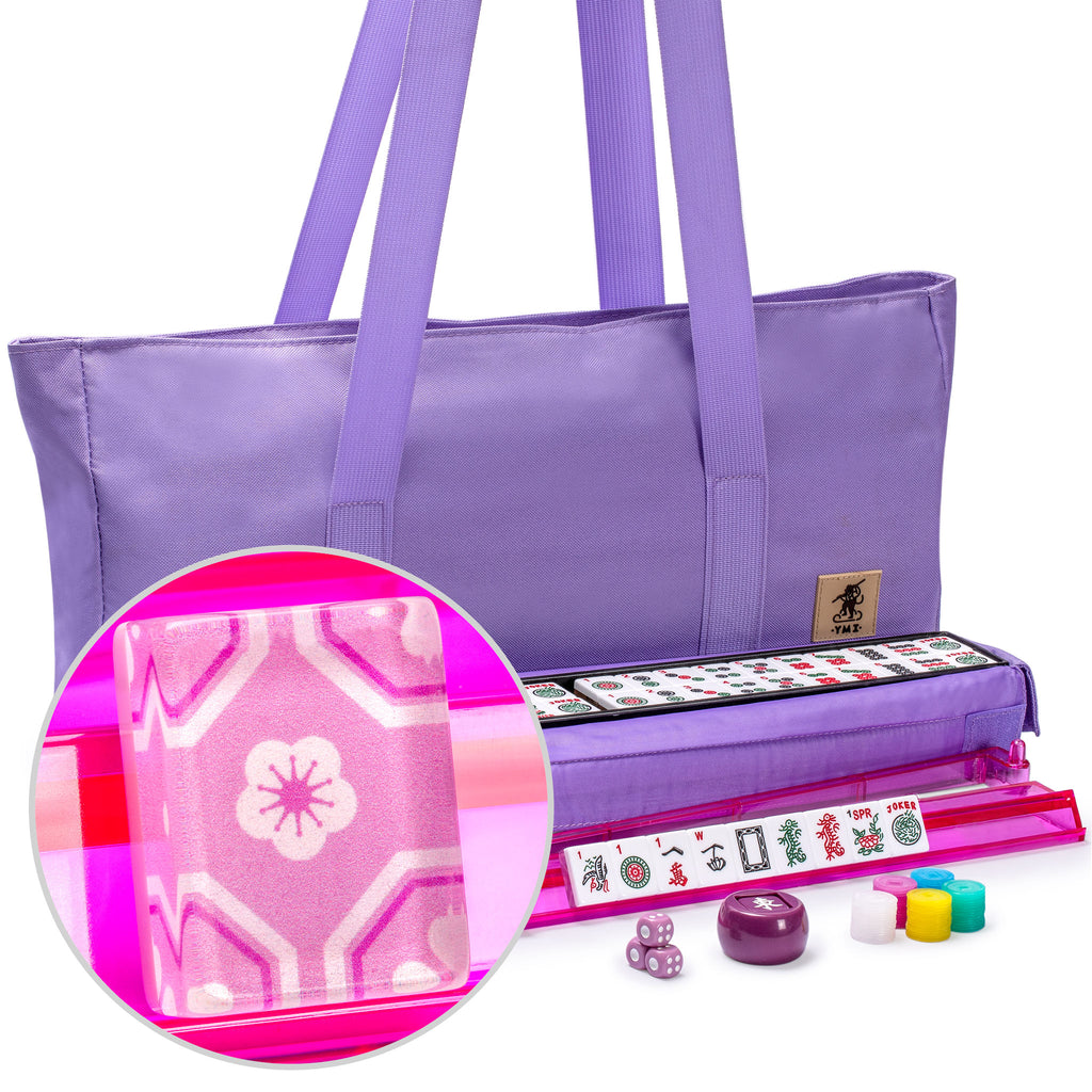 American Mahjong Set, "Sakura" with Purple Soft Case - Racks with Pushers, Scoring Coins, Dice, and Wind Indicator-Yellow Mountain Imports-Yellow Mountain Imports