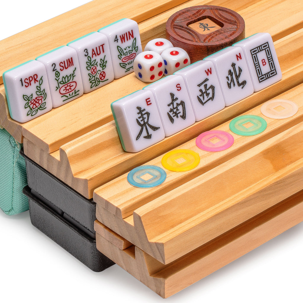 American Mahjong Set, "Seabreeze" with Green Soft Case - Racks with Pushers, Scoring Coins, Dice, and Wind Indicator-Yellow Mountain Imports-Yellow Mountain Imports