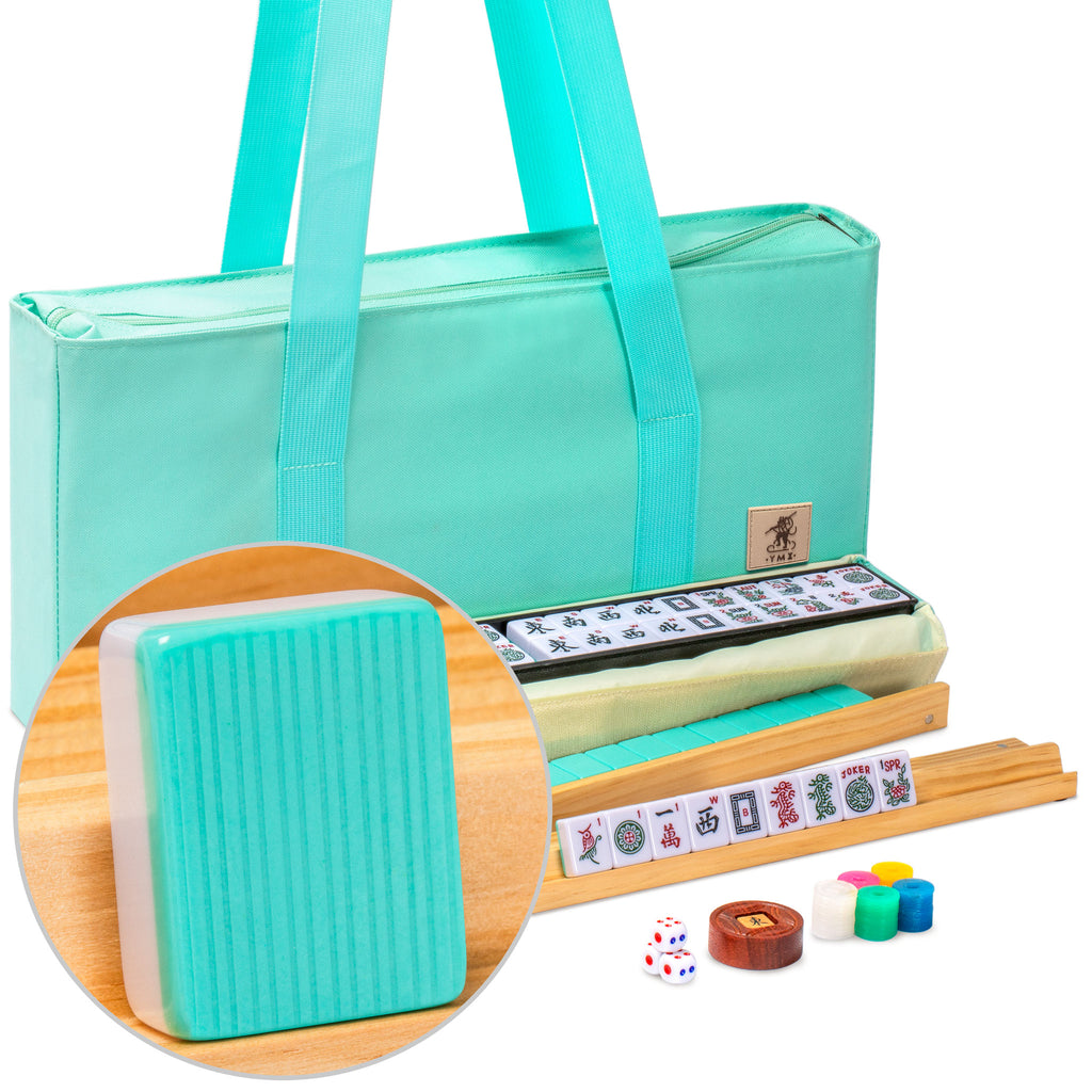 American Mahjong Set, "Seabreeze" with Green Soft Case - Racks with Pushers, Scoring Coins, Dice, and Wind Indicator-Yellow Mountain Imports-Yellow Mountain Imports