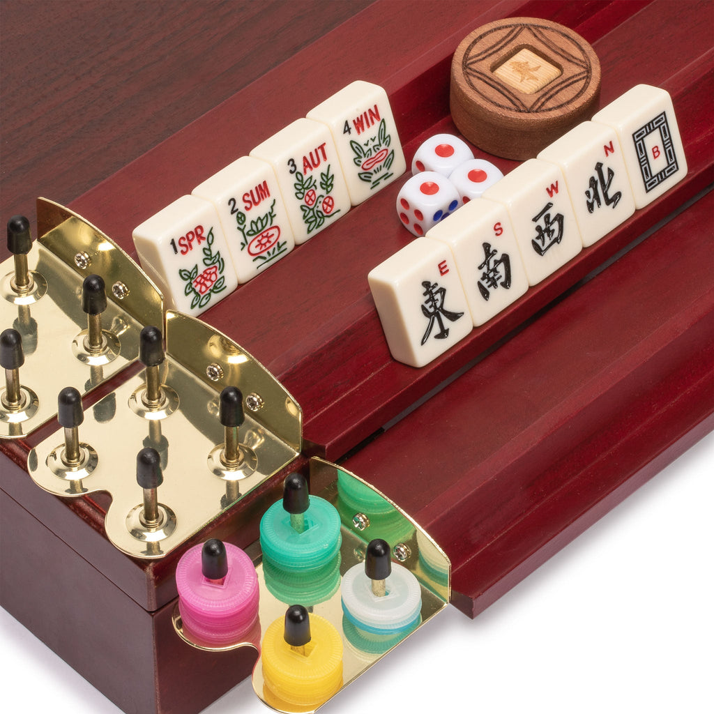 American Mahjong Set, "The Classic" with Vintage Rosewood Veneer Case - Wooden Racks, Scoring Coins, Dice, & Wind Indicator-Yellow Mountain Imports-Yellow Mountain Imports