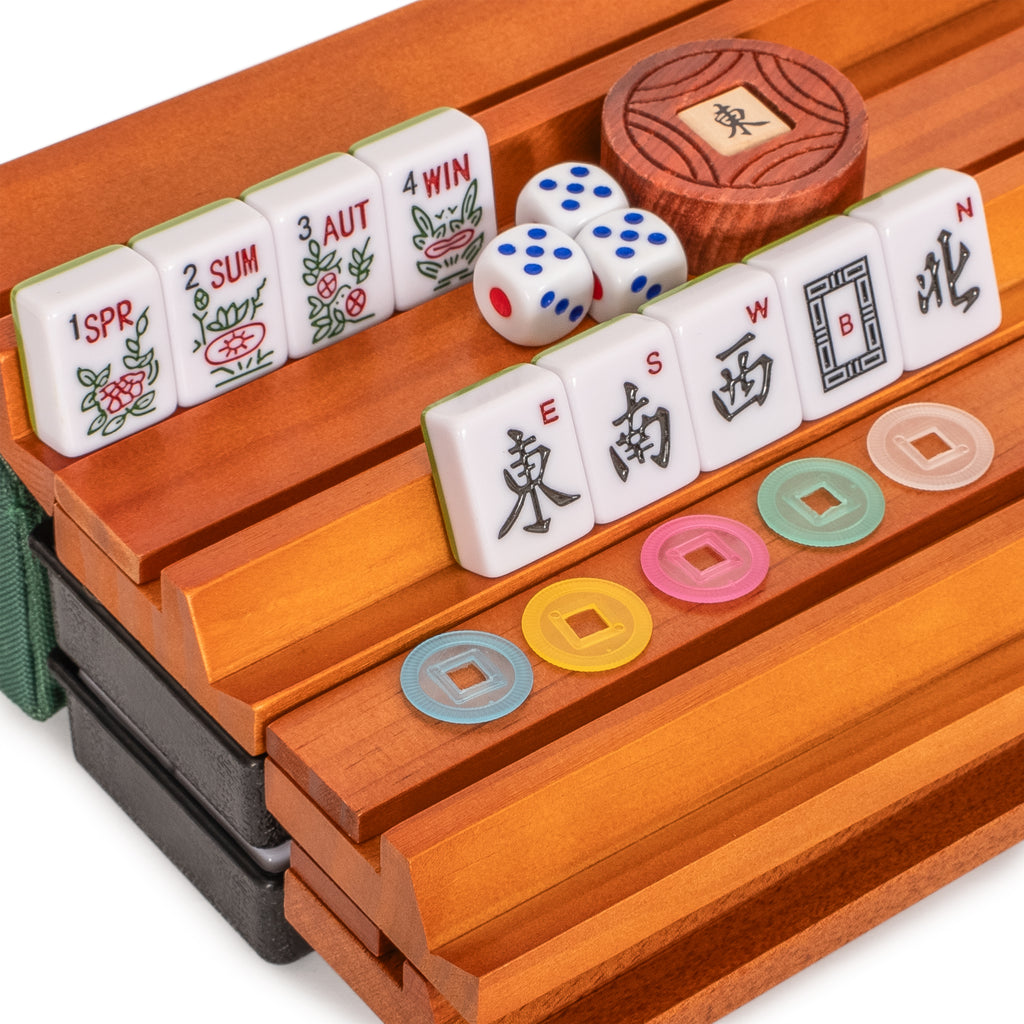 American Mahjong Set, "Verdant Santorini” - 166 Tiles with Green Soft Case, Wooden Racks with Pushers, Scoring Coins, Dice, and Wind Indicator-Yellow Mountain Imports-Yellow Mountain Imports