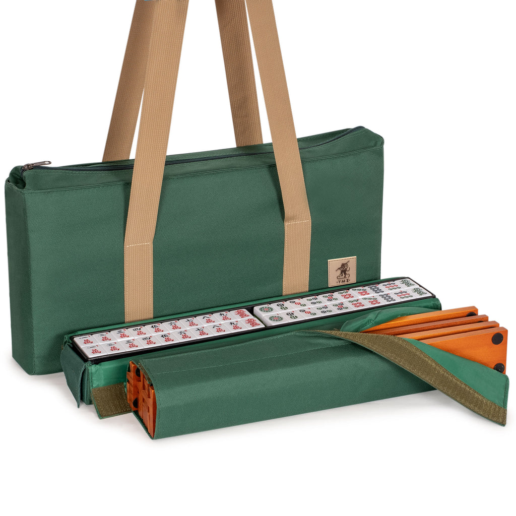 American Mahjong Set, "Verdant Santorini” - 166 Tiles with Green Soft Case, Wooden Racks with Pushers, Scoring Coins, Dice, and Wind Indicator-Yellow Mountain Imports-Yellow Mountain Imports