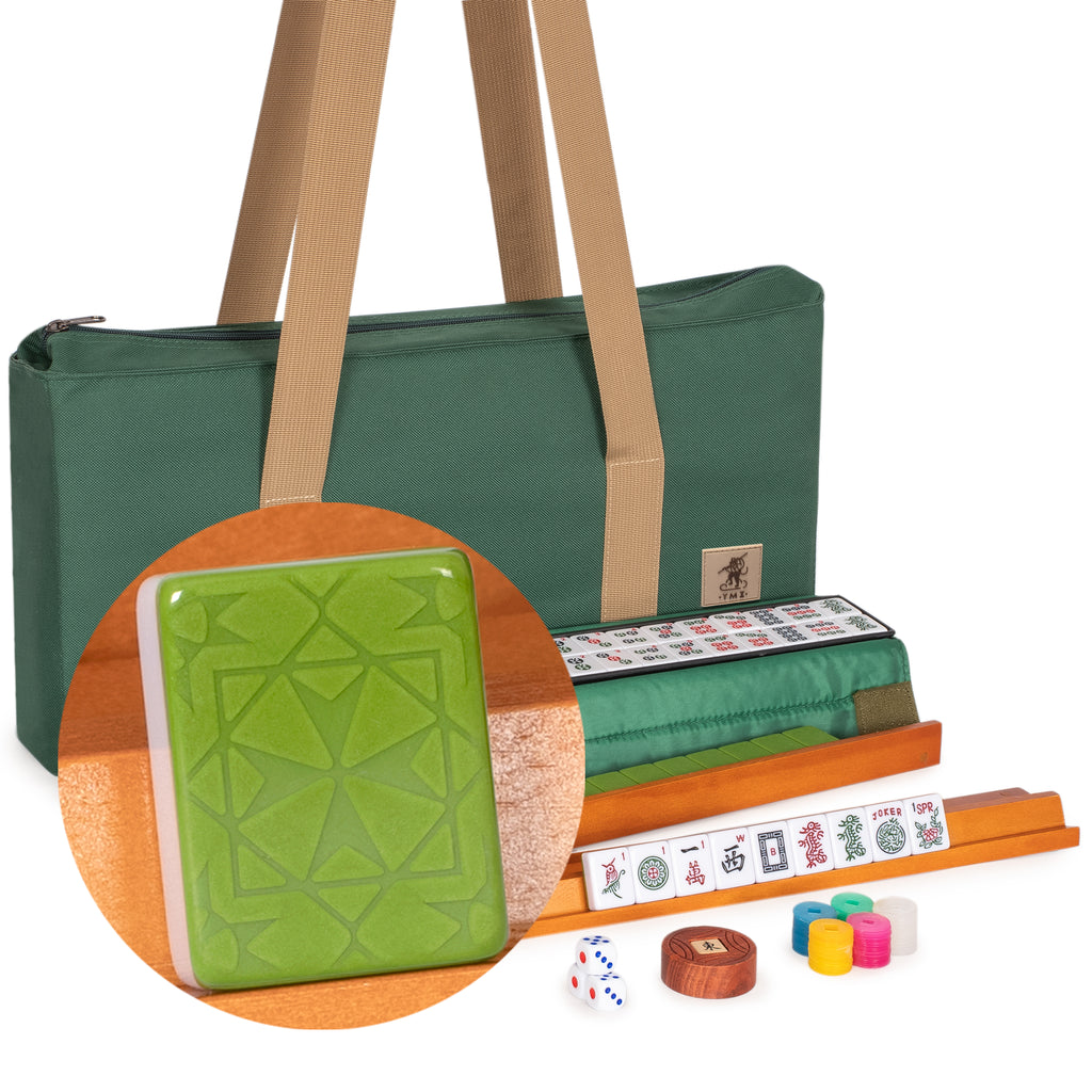American Mahjong Set, "Verdant Santorini” - 166 Tiles with Green Soft Case, Wooden Racks with Pushers, Scoring Coins, Dice, and Wind Indicator-Yellow Mountain Imports-Yellow Mountain Imports