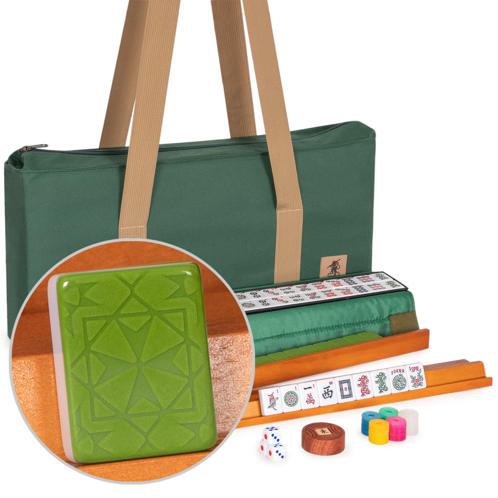 American Mahjong Set, "Verdant Santorini” - 166 Tiles with Green Soft Case, Wooden Racks with Pushers, Scoring Coins, Dice, and Wind Indicator-Yellow Mountain Imports-Yellow Mountain Imports