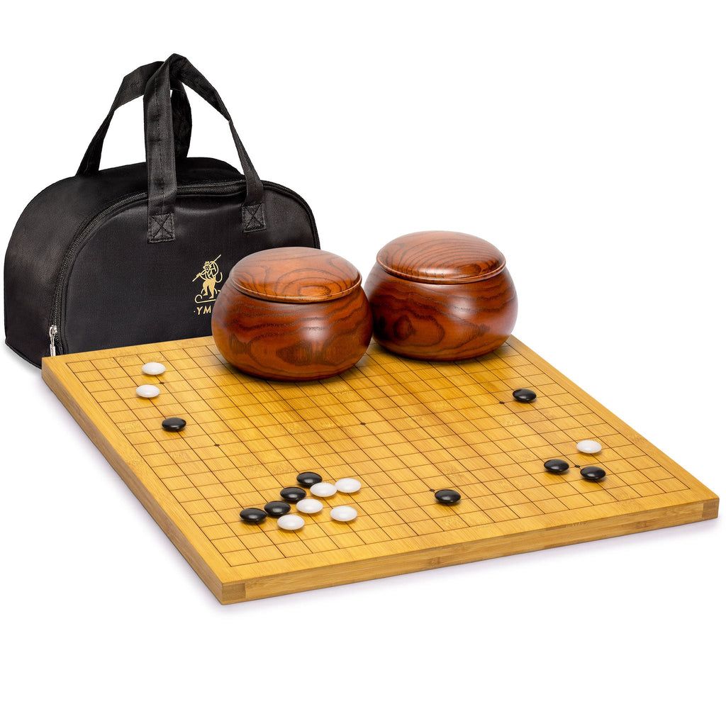 Bamboo 0.8" Etched Reversible 19x19/13x13 Go Game Set Board with Double Convex Melamine Stones & Jujube Bowls-Yellow Mountain Imports-Yellow Mountain Imports
