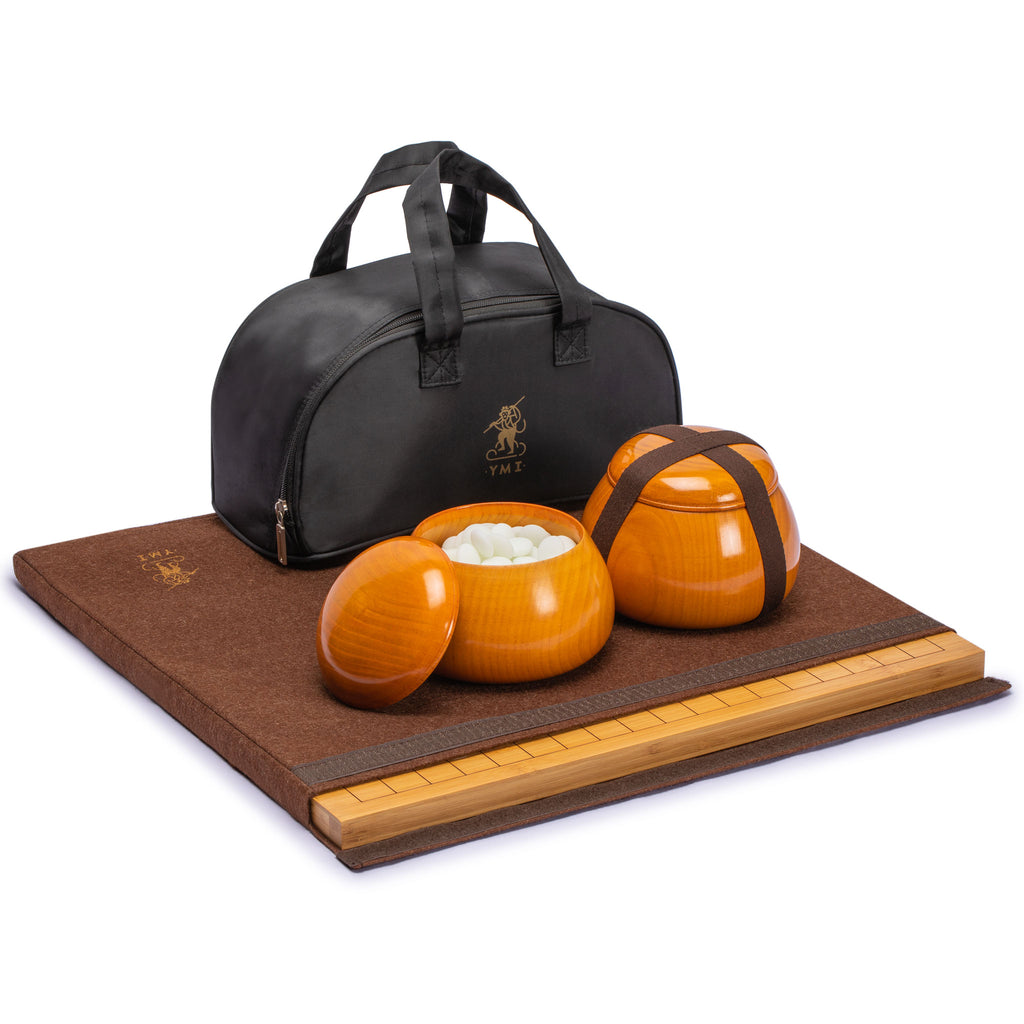 Bamboo 0.8-Inch Etched Reversible 19x19 / 13x13 Go Game Set Board with 9.2mm Double Convex Yunzi Stones and Jujube Bowls-Yellow Mountain Imports-Yellow Mountain Imports