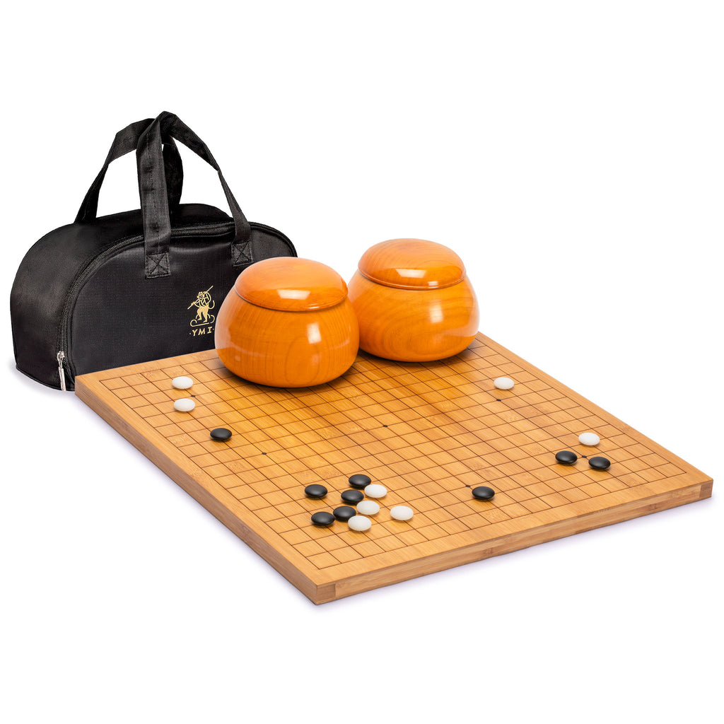 Bamboo 0.8-Inch Etched Reversible 19x19 / 13x13 Go Game Set Board with 9.2mm Double Convex Yunzi Stones and Jujube Bowls-Yellow Mountain Imports-Yellow Mountain Imports