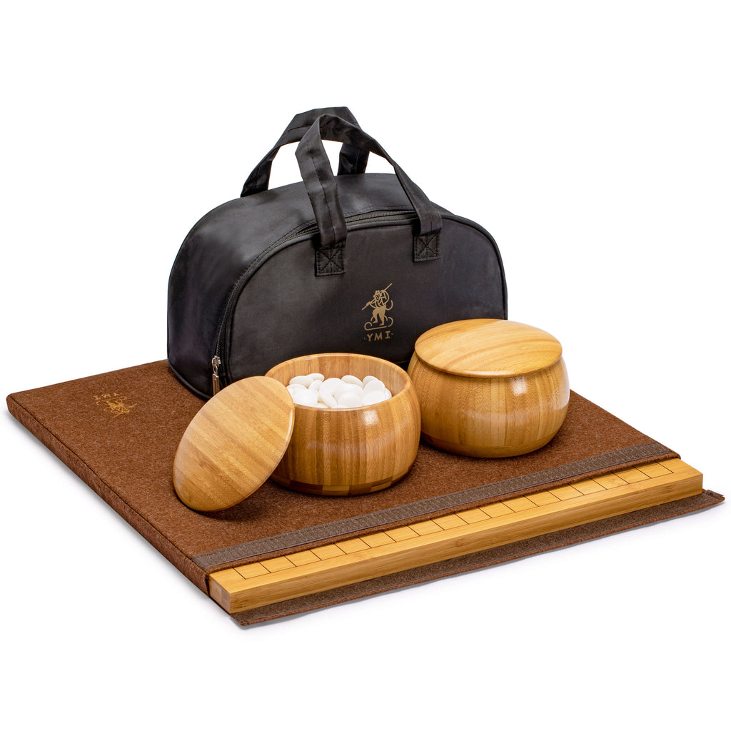 Bamboo 0.8-Inch Etched Reversible 19x19 / 13x13 Go Game Set Board with Single Convex Melamine Stones and Bamboo Bowls Set-Yellow Mountain Imports-Yellow Mountain Imports