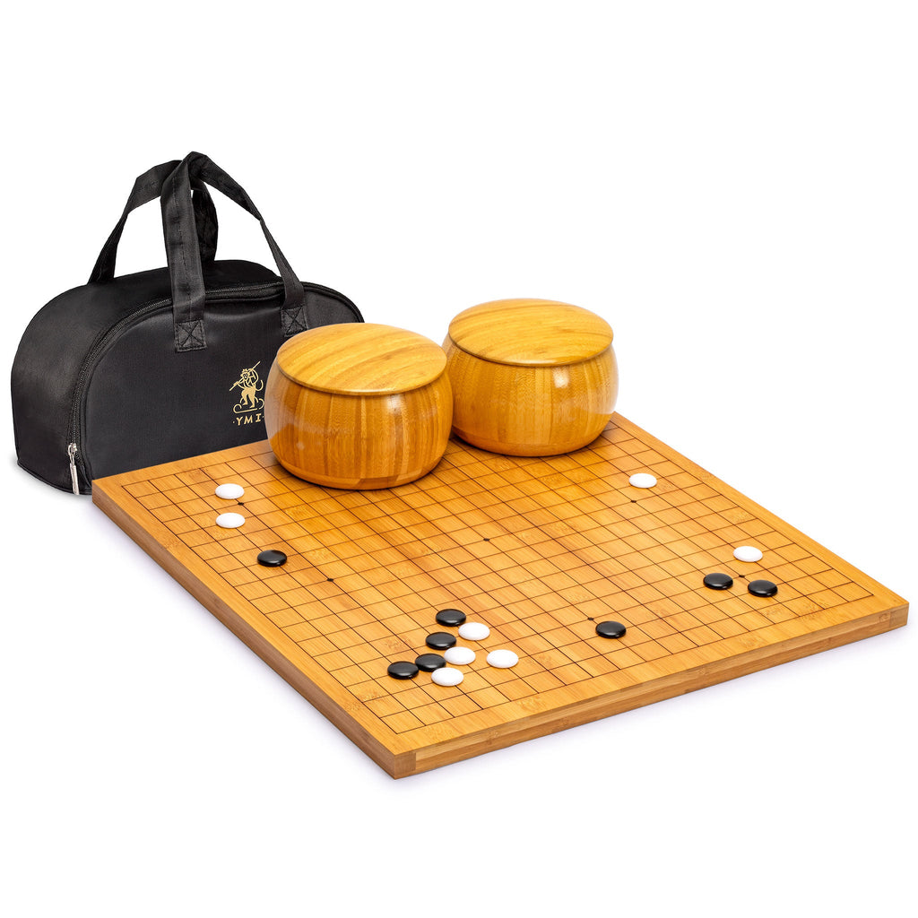 Bamboo 0.8-Inch Etched Reversible 19x19 / 13x13 Go Game Set Board with Single Convex Melamine Stones and Bamboo Bowls Set-Yellow Mountain Imports-Yellow Mountain Imports
