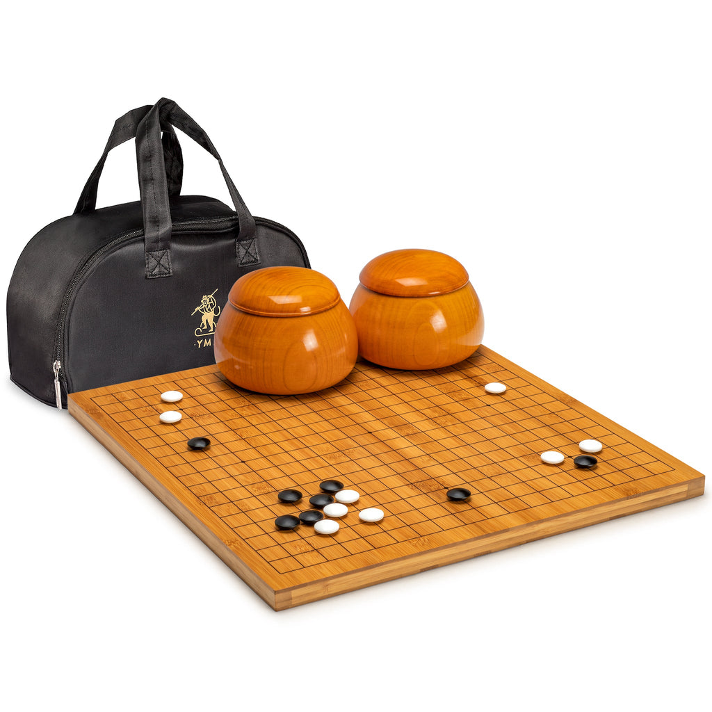 Bamboo 0.8-Inch Reversible 19x19 / 13x13 Go Game Set Board with Double Convex Korean Hardened Glass Paduk Go Stones and Jujube Bowls-Yellow Mountain Imports-Yellow Mountain Imports