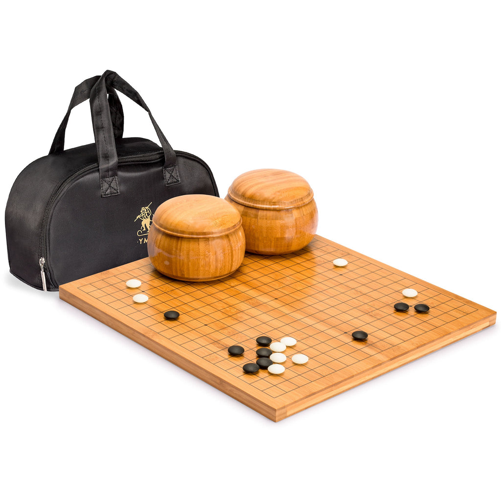 Bamboo 0.8-Inch Reversible 19x19 / 13x13 Go Game Set Board with Double Convex Yunzi Stones and Bamboo Bowls-Yellow Mountain Imports-Yellow Mountain Imports