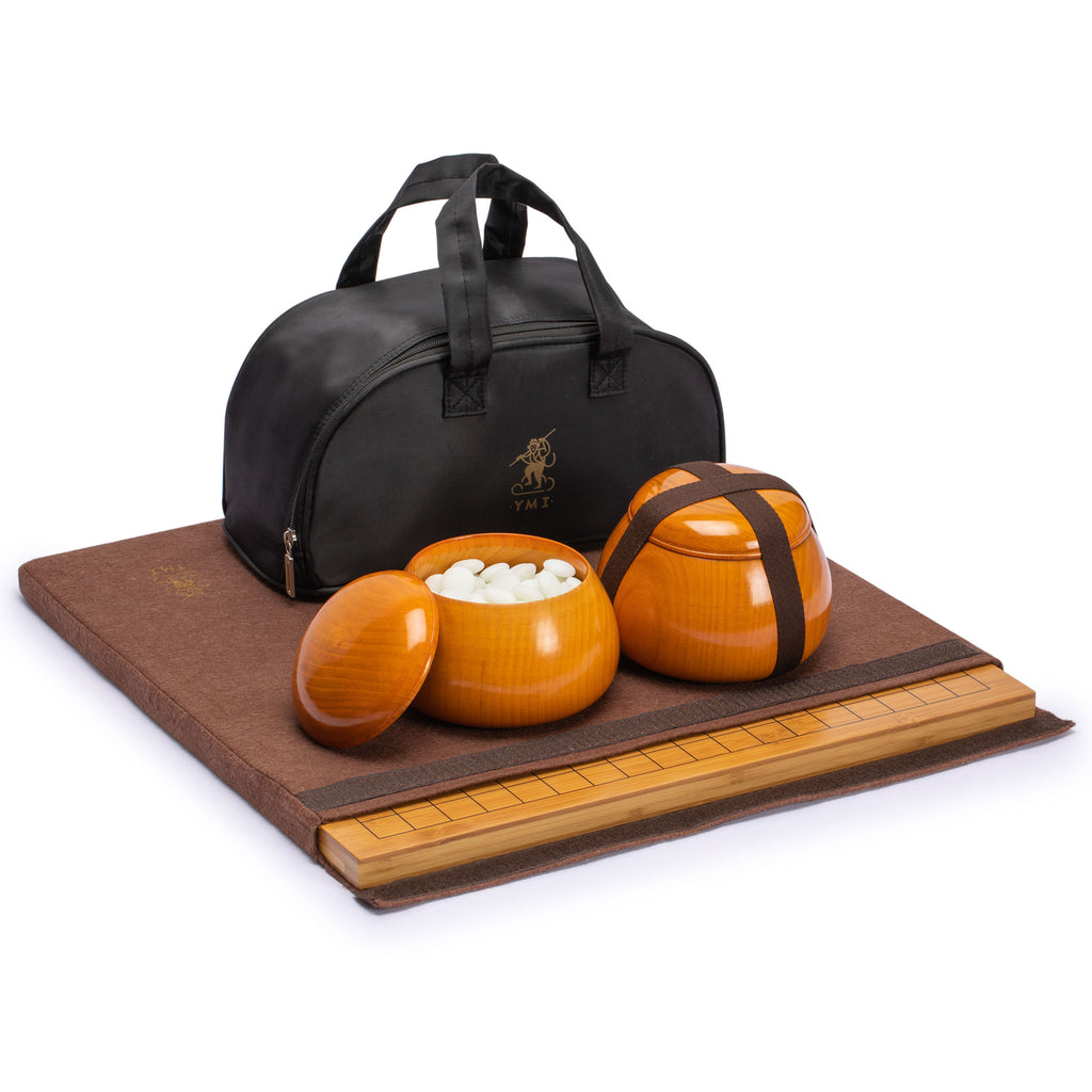 Bamboo 0.8-Inch Reversible 19x19 / 13x13 Go Game Set Board with Double Convex Yunzi Stones and Jujube Wood Bowls-Yellow Mountain Imports-Yellow Mountain Imports