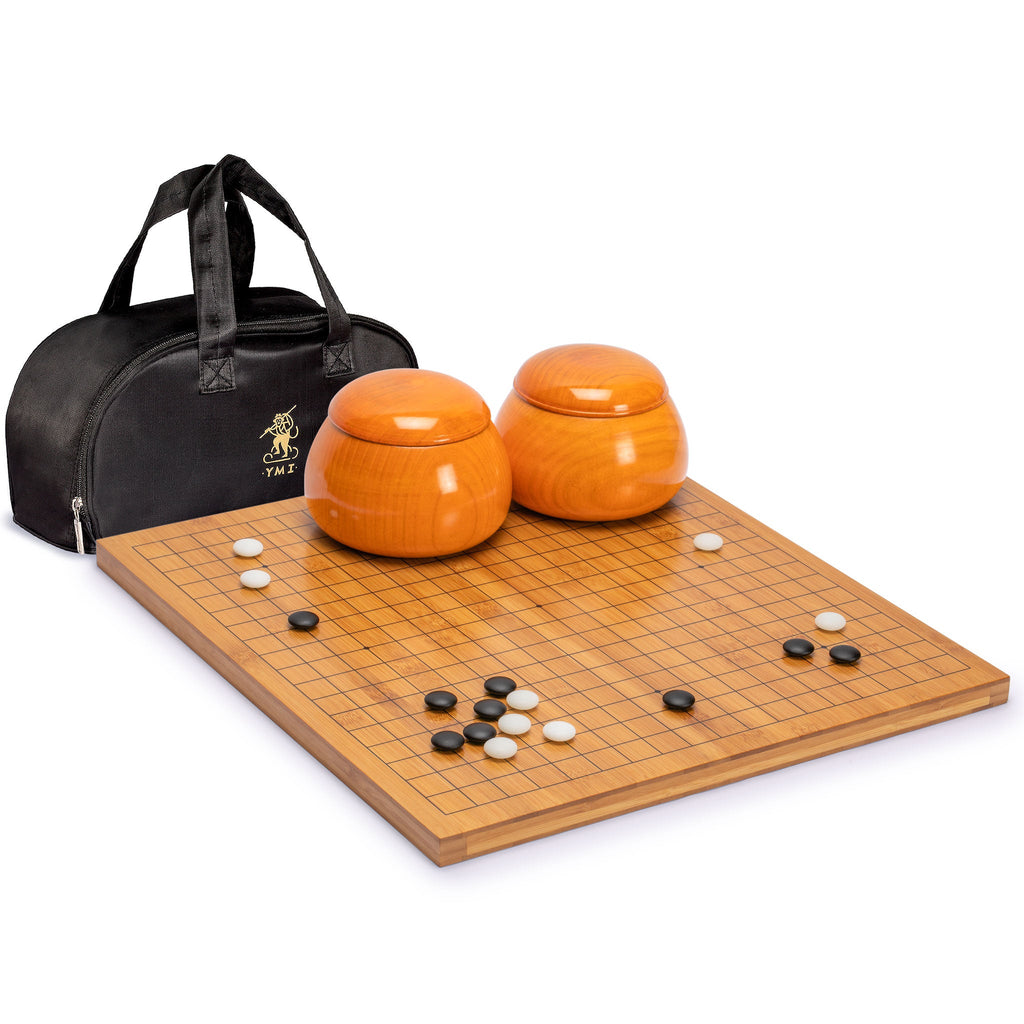 Bamboo 0.8-Inch Reversible 19x19 / 13x13 Go Game Set Board with Double Convex Yunzi Stones and Jujube Wood Bowls-Yellow Mountain Imports-Yellow Mountain Imports