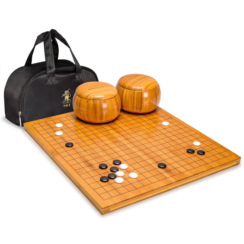 Bamboo 0.8-Inch Reversible 19x19 / 13x13 Go Game Set Board with Single Convex Melamine Stones and Bamboo Wood Bowls Set-Yellow Mountain Imports-Yellow Mountain Imports