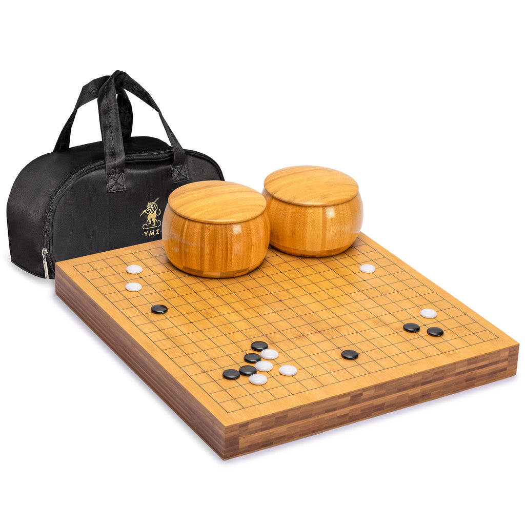 Bamboo 2-Inch Reversible 19x19 / 13x13 Go Game Set Board with Single Convex Melamine Stones and Bamboo Bowls Set-Yellow Mountain Imports-Yellow Mountain Imports