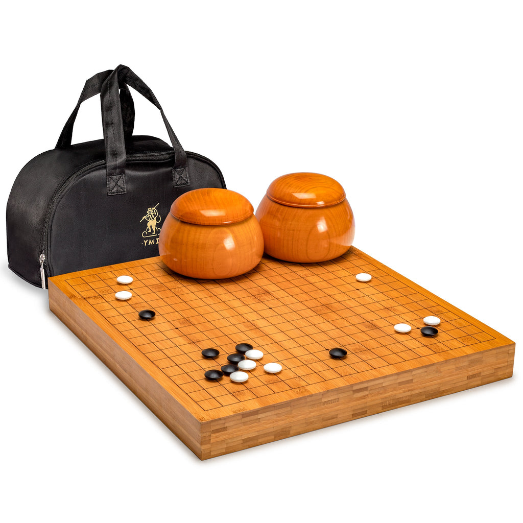 Bamboo 2-Inch Reversible 19x19/13x13 Go Game Set Board with Double Convex Korean Hardened Glass Paduk Go Stones and Jujube Bowls-Yellow Mountain Imports-Yellow Mountain Imports