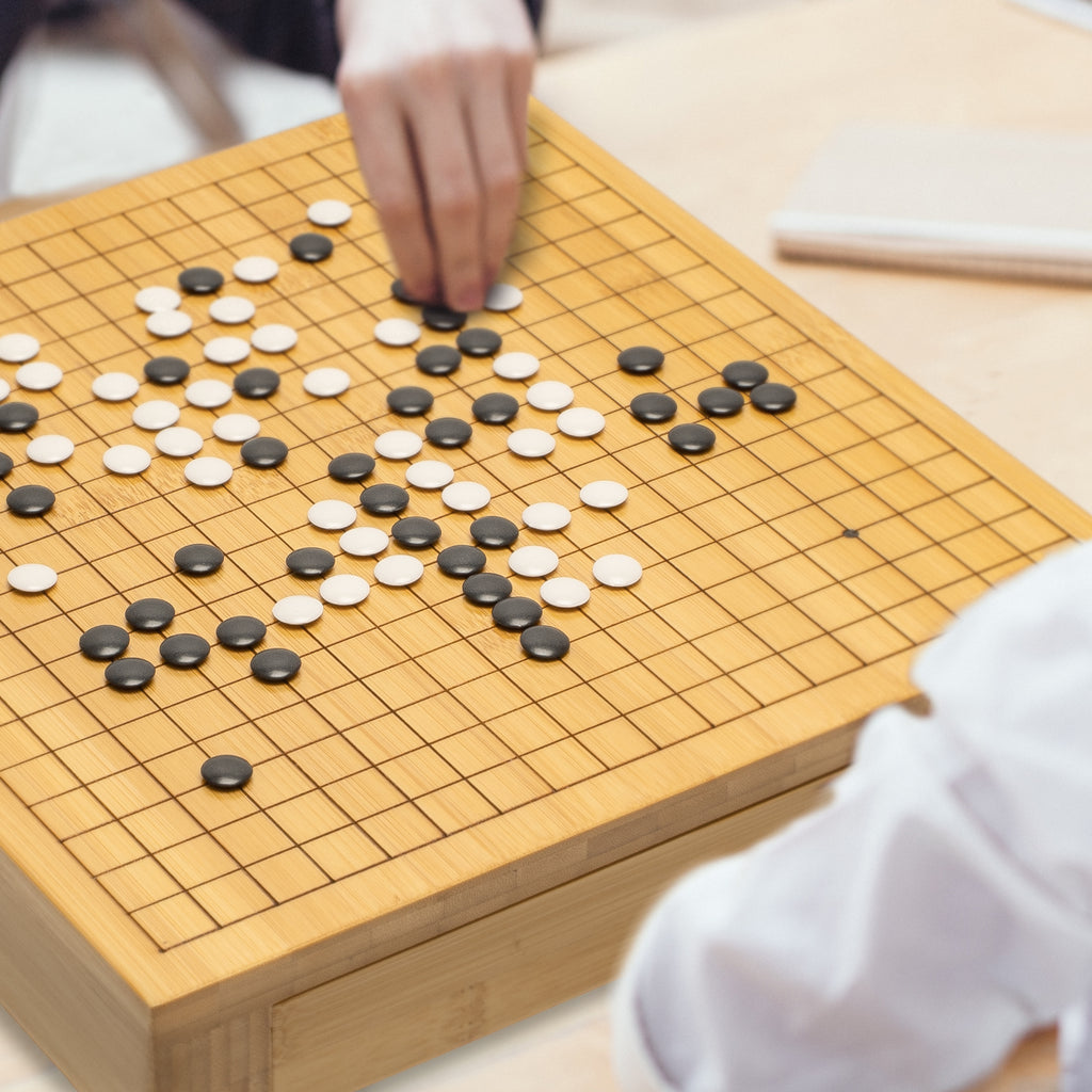 Bamboo Go Game Set – 12.6 x 12.2" Wooden Board with Pull-Out Storage Drawers & Double Convex Melamine Stones-Yellow Mountain Imports-Yellow Mountain Imports