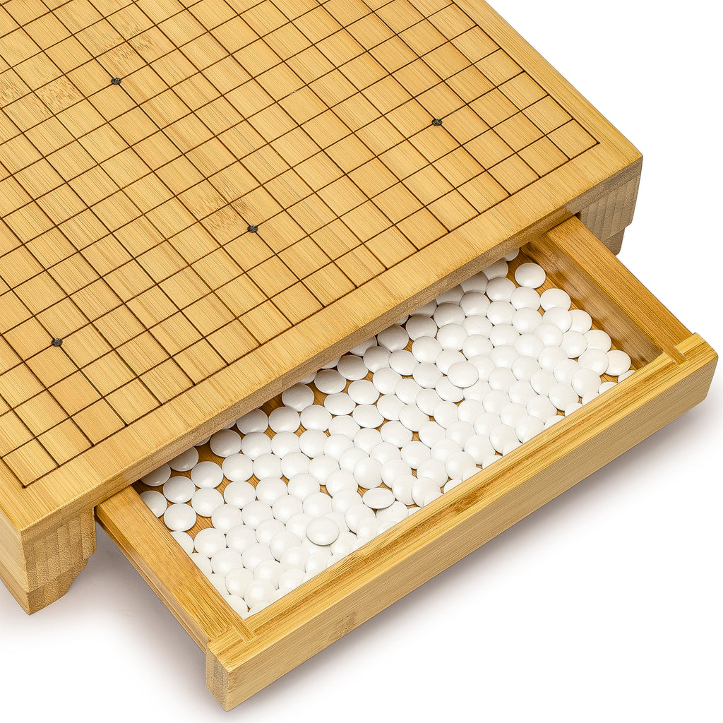 Bamboo Go Game Set – 12.6 x 12.2" Wooden Board with Pull-Out Storage Drawers & Double Convex Melamine Stones-Yellow Mountain Imports-Yellow Mountain Imports