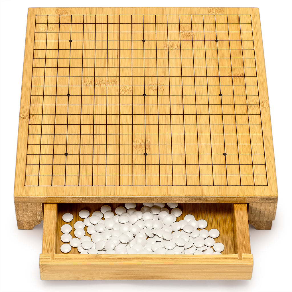 Bamboo Go Game Set – 12.6 x 12.2" Wooden Board with Pull-Out Storage Drawers & Double Convex Melamine Stones-Yellow Mountain Imports-Yellow Mountain Imports