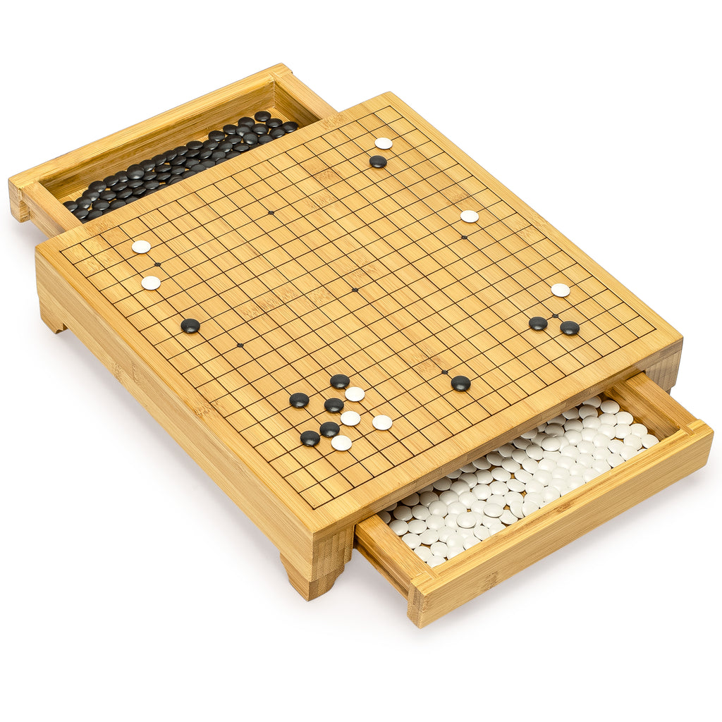 Bamboo Go Game Set – 12.6 x 12.2" Wooden Board with Pull-Out Storage Drawers & Double Convex Melamine Stones-Yellow Mountain Imports-Yellow Mountain Imports