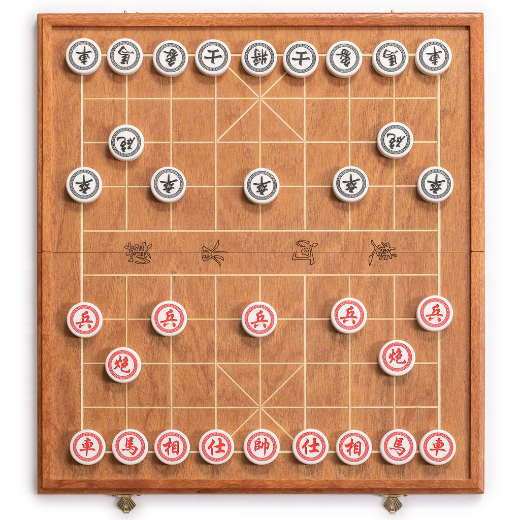 Chinese Chess (Xiangqi) Set with Folding Rosewood Veneer Board (16.3") and Acrylic Playing Pieces-Yellow Mountain Imports-Yellow Mountain Imports