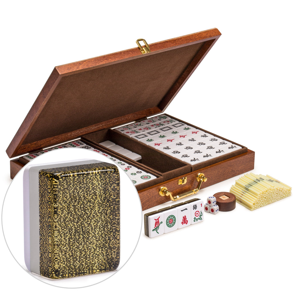Chinese Mahjong, "Elvis Gold" with Wooden Case - Set of Betting Sticks, Wooden Spinner & Dice-Yellow Mountain Imports-Yellow Mountain Imports