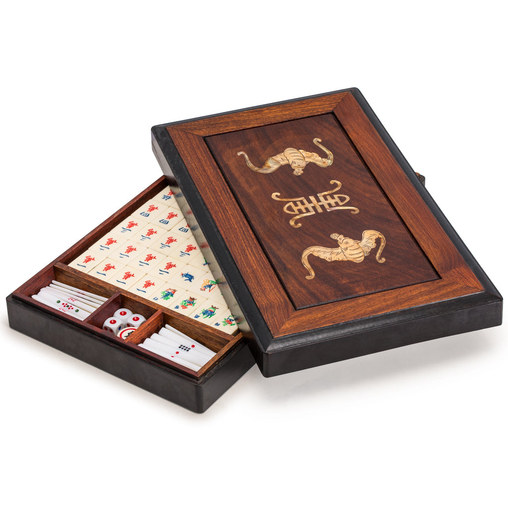 Chinese Mahjong Set, "Bone and Bamboo Tiles" in Rosewood Case - Set Of Betting Sticks, Dice, & Four Wind Tiles-Yellow Mountain Imports-Yellow Mountain Imports