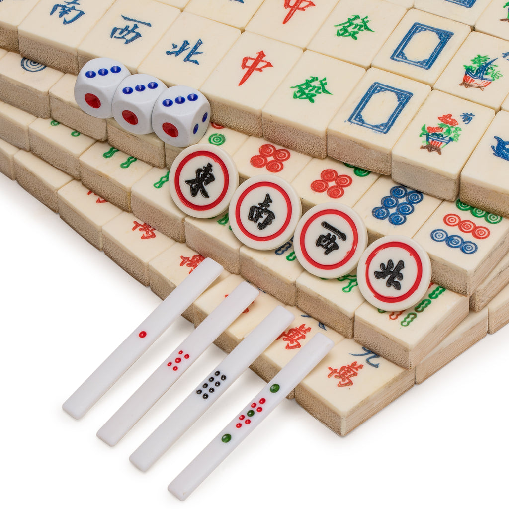 Chinese Mahjong Set, "Bone and Bamboo Tiles" in Rosewood Case - Set Of Betting Sticks, Dice, & Four Wind Tiles-Yellow Mountain Imports-Yellow Mountain Imports