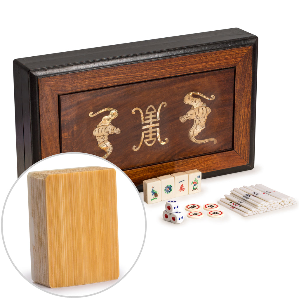 Chinese Mahjong Set, "Bone and Bamboo Tiles" in Rosewood Case - Set Of Betting Sticks, Dice, & Four Wind Tiles-Yellow Mountain Imports-Yellow Mountain Imports