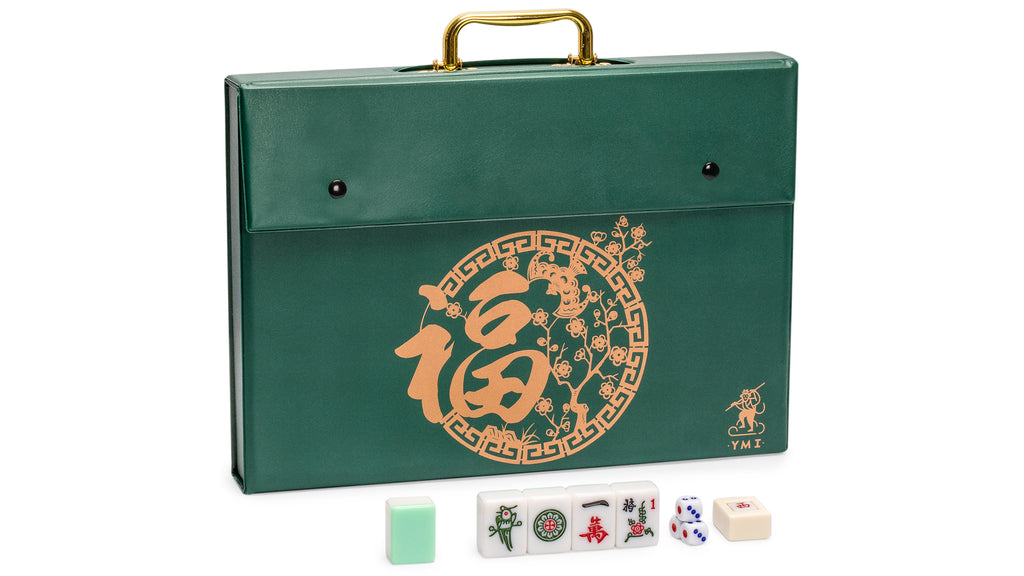Chinese Mahjong Set, "Emerald Weave" with 146 Large 1.6-Inch Tiles, Green Vinyl Case, Wind Indicator, and Dice - for Chinese Style Gameplay Only-Yellow Mountain Imports-Yellow Mountain Imports