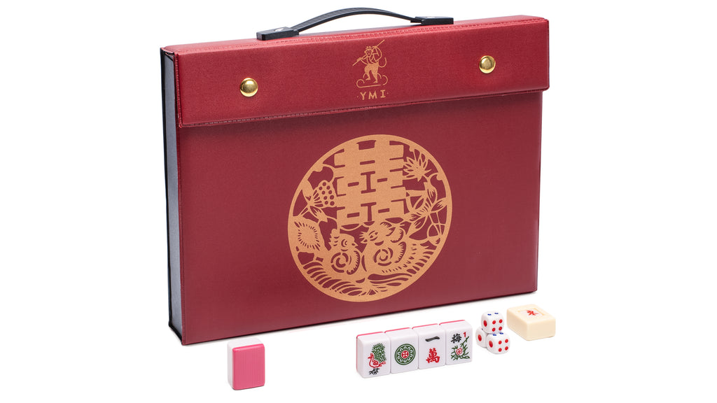Chinese Mahjong Set, "Rouge Harmony" with 146 Medium Tiles, Red Vinyl Case, Wind Indicator, and Dice - for Chinese Style Gameplay Only-Yellow Mountain Imports-Yellow Mountain Imports