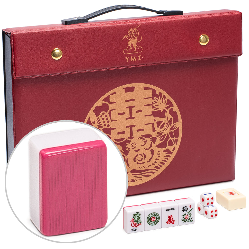 Chinese Mahjong Set, "Rouge Harmony" with 146 Medium Tiles, Red Vinyl Case, Wind Indicator, and Dice - for Chinese Style Gameplay Only-Yellow Mountain Imports-Yellow Mountain Imports