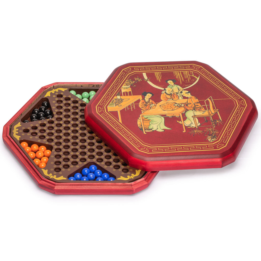 Classic Chinese Checkers Halma Board Game Set with Storage, 12.6" Wooden Board, and Solid Color 16mm Glass Marbles-Yellow Mountain Imports-Yellow Mountain Imports