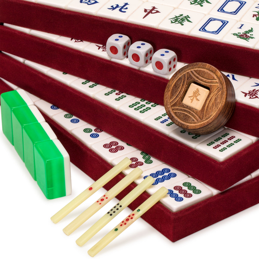 Classic Chinese Mahjong Game Set, "Emerald" - with 148 Medium-Size Translucent Green Tiles and Wooden Case-Yellow Mountain Imports-Yellow Mountain Imports