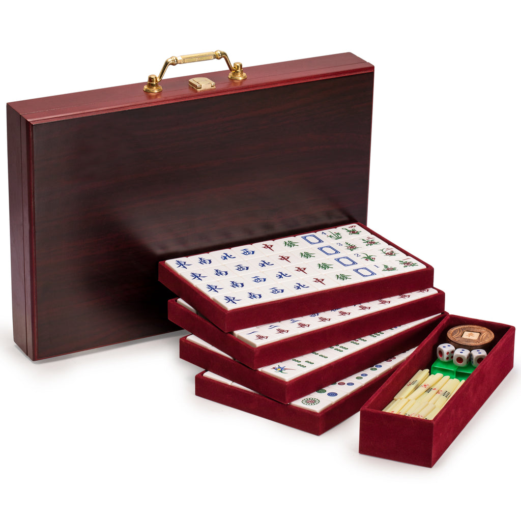 Classic Chinese Mahjong Game Set, "Emerald" - with 148 Medium-Size Translucent Green Tiles and Wooden Case-Yellow Mountain Imports-Yellow Mountain Imports